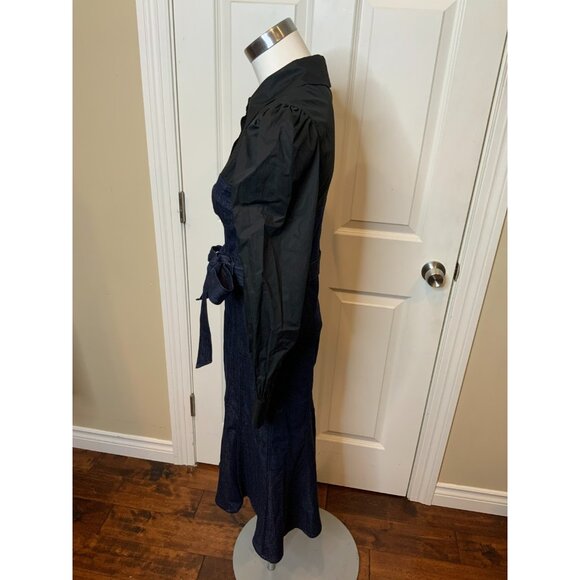 Marchesa Rosa Dark Wash Denim Layered Black Combo Collared Pencil Dress, Size 0 - Picture 5 of 8
